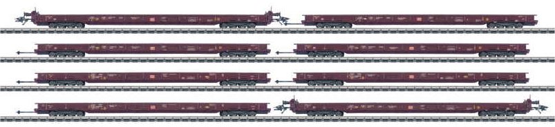 DB AG Rolling Road 8-Depressed Floor Flat Cars, 8-Semi Trucks &Display