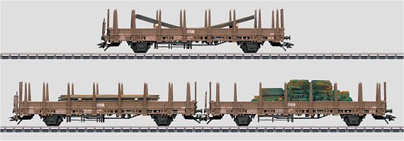 DSB (Denmark) 3-Car Stake Car (Type Kbs 443) Set w/Loads