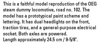 OEG Steam Dummy Loco Road No 102
