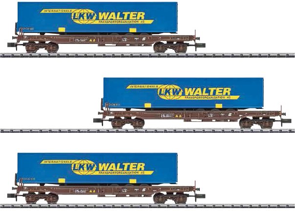 Deep Well Flat 3-Car Set with semi-truck trailers